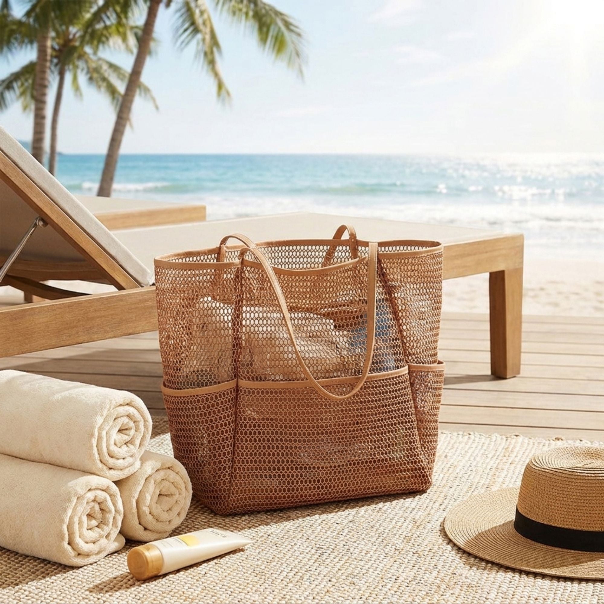 Mesh Beach Tote Bag with See Through Design and Shoulder Handles