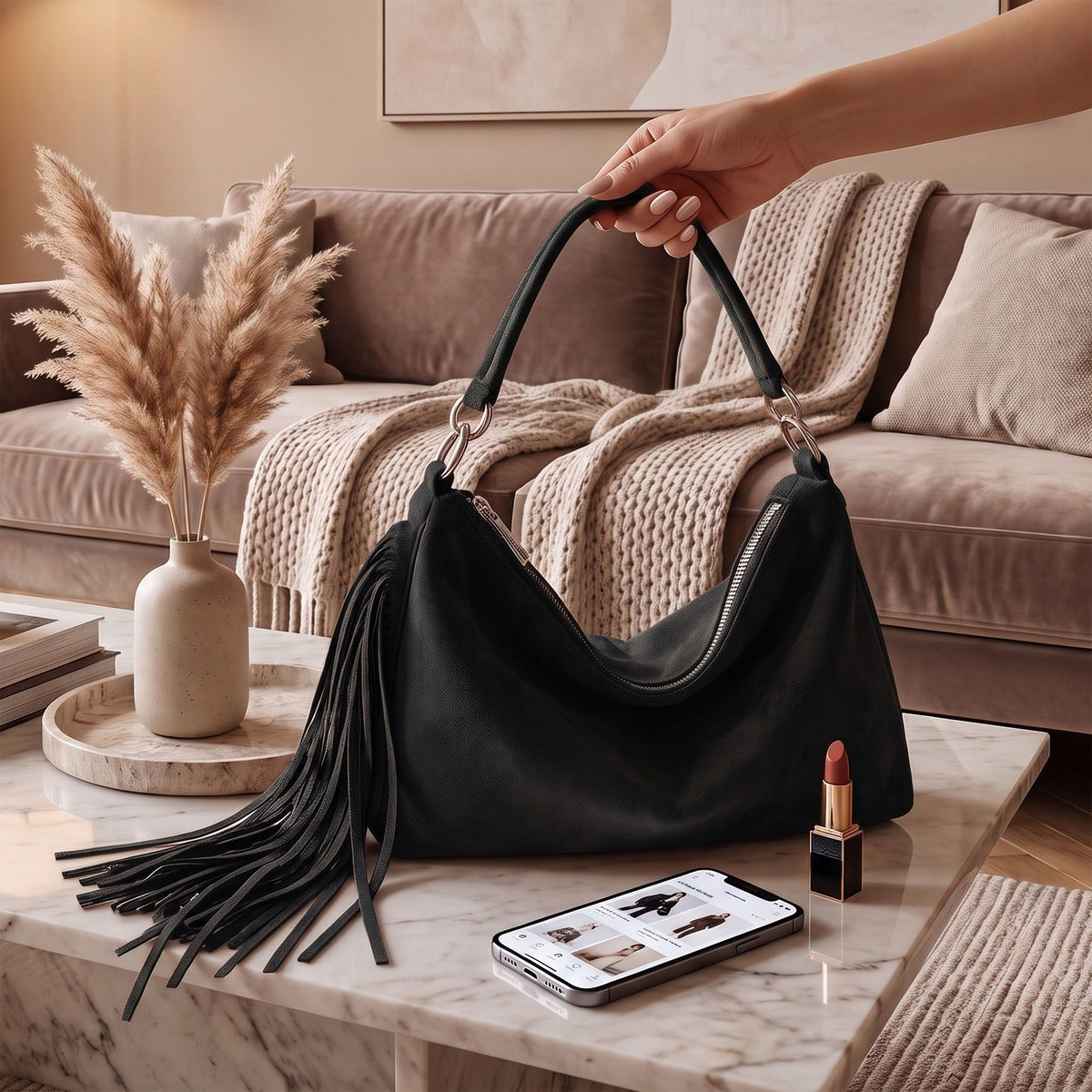 Slouchy Shoulder Handbag with Fringe Tassel and Zipper Closure