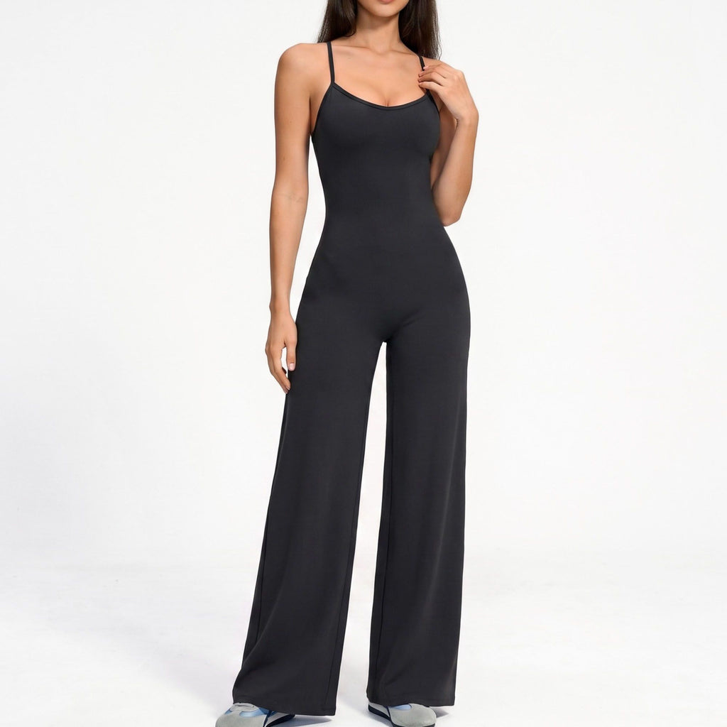 Scoop Neck Wide Leg Athletic Jumpsuit with Adjustable Crisscross Back Straps for Yoga Gym