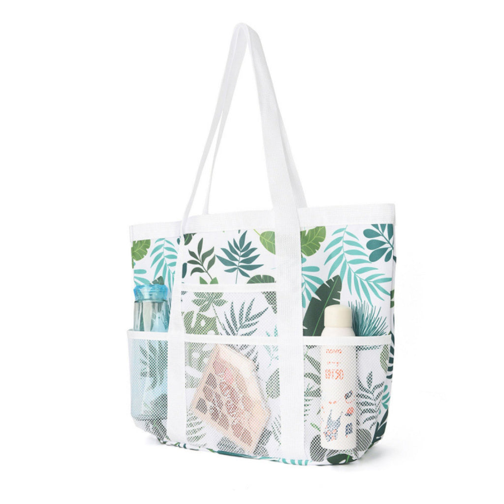 Printed Beach Tote Bag with Mesh Pockets and Shoulder Handles
