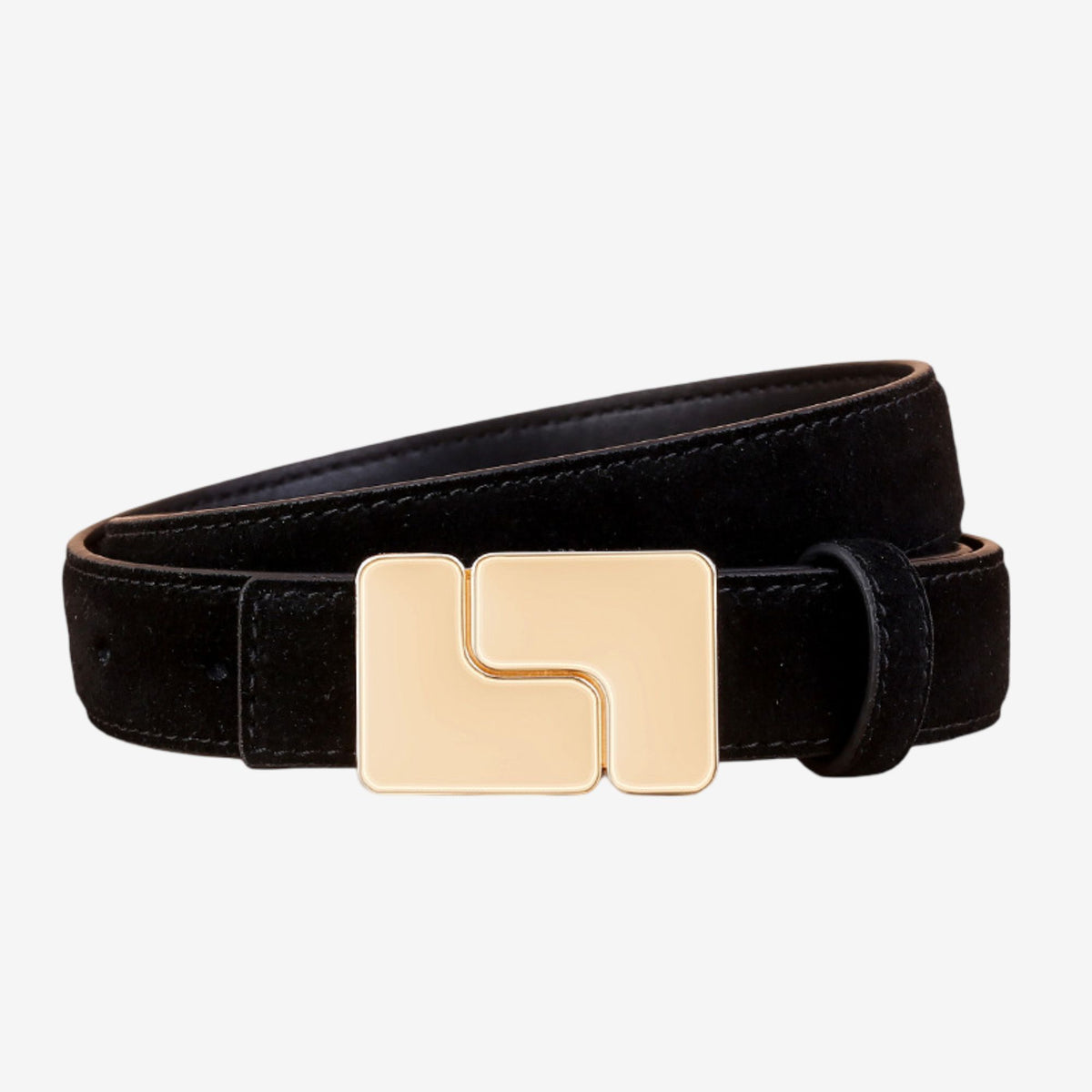 Suede Leather Belt with Geometric Gold Tone Buckle 39.4in