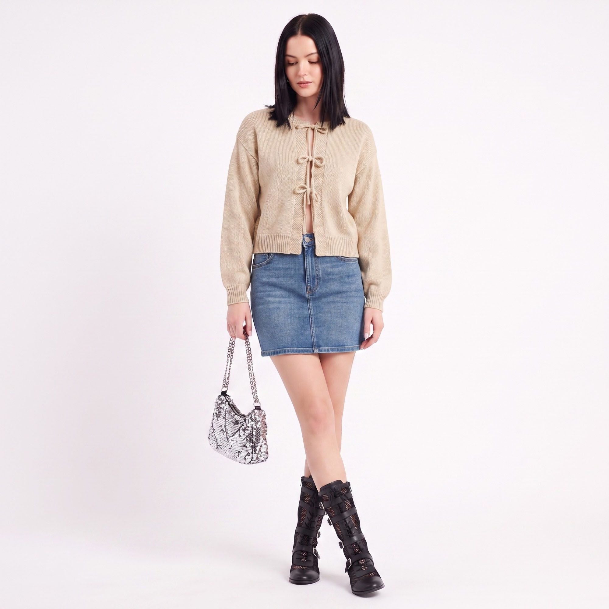 Tie-Front Long Sleeve Cropped Knit Cardigan