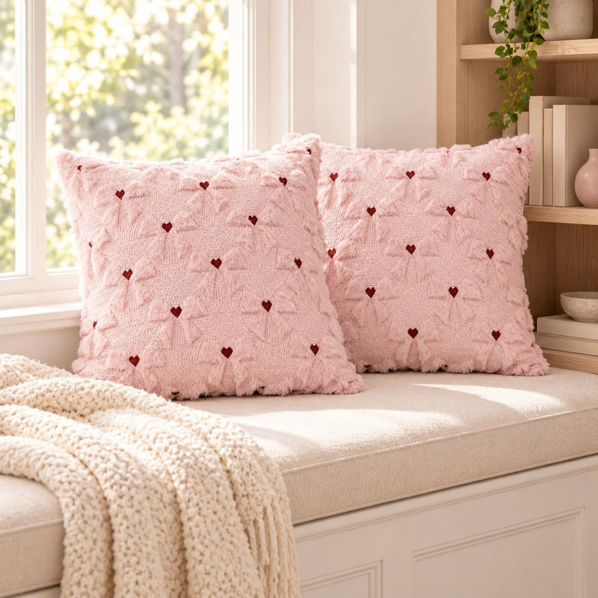 2 Pack Tufted Bow Heart Decorative Throw Pillow Covers Soft Textured Cushion Covers
