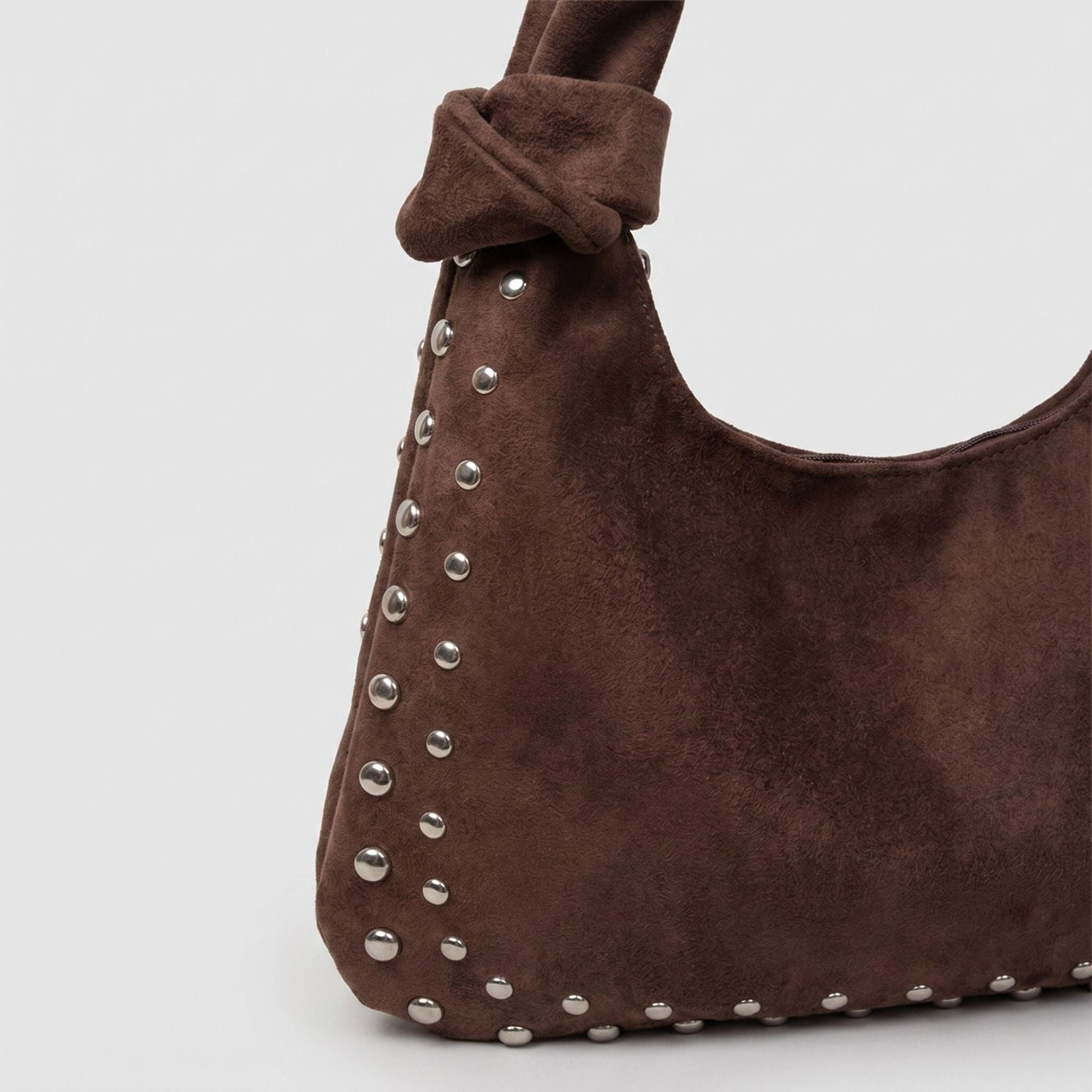 Studded Hobo Shoulder Bag with Padded Strap Knotted Detail Top Zip Closure