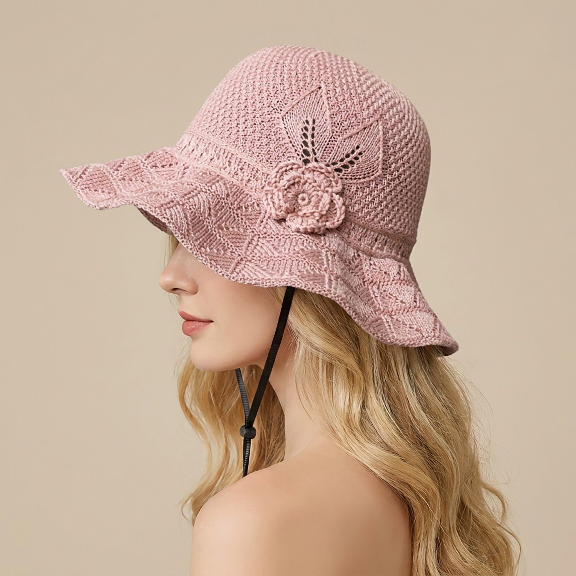 Crochet Wide Brim Sun Hat with Floral Accent Scalloped Edge and Chin Strap