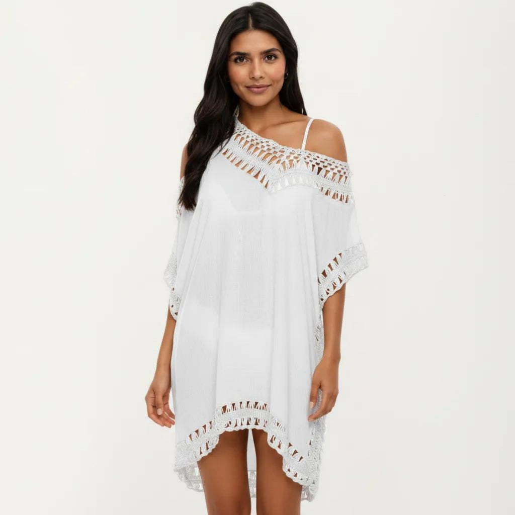 Anna-Kaci Women's Swim Cover Up Dress with Crochet Trim Short Sleeves Relaxed Lightweight Beach Caftan