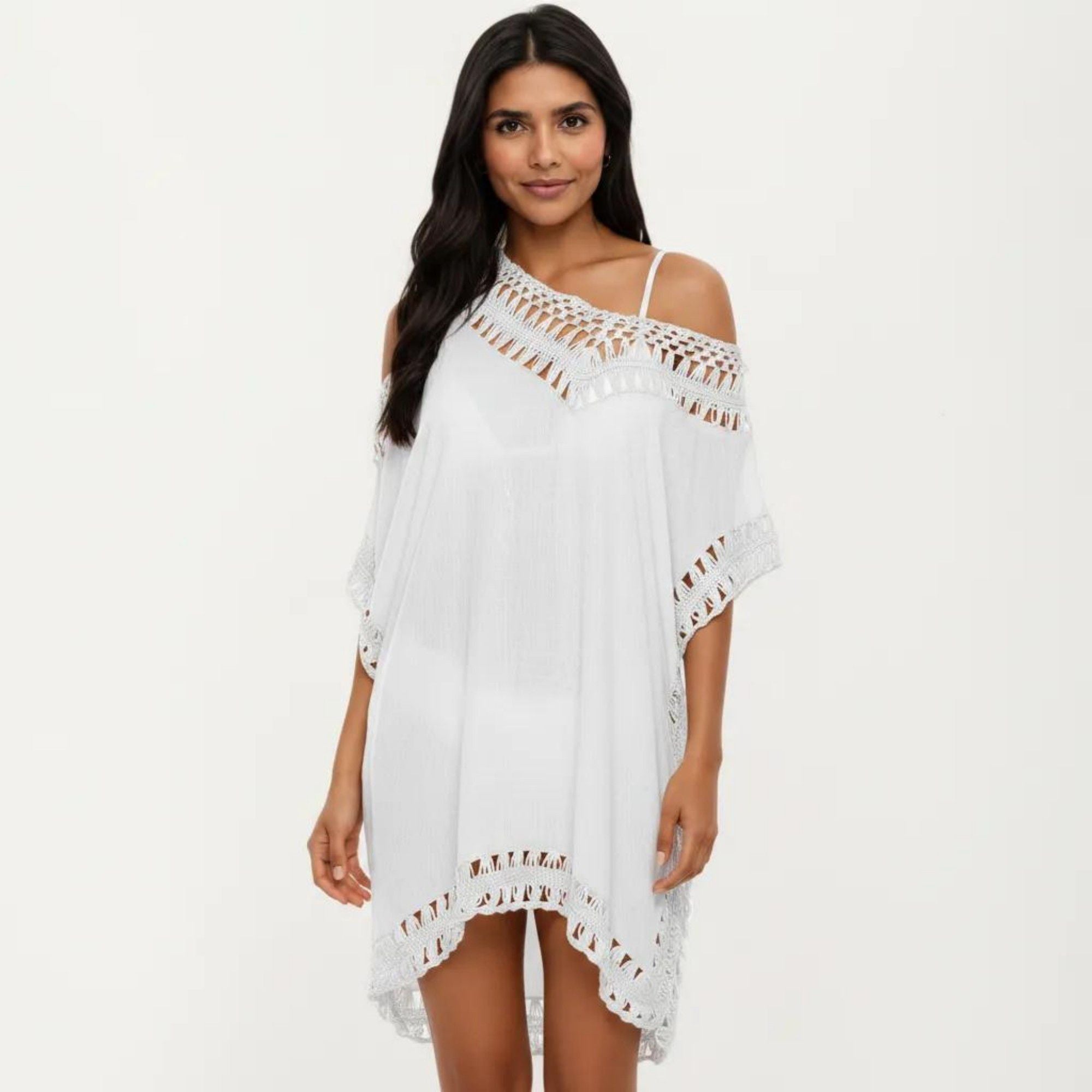 Anna-Kaci Women's Swim Cover Up Dress with Crochet Trim Short Sleeves Relaxed Lightweight Beach Caftan