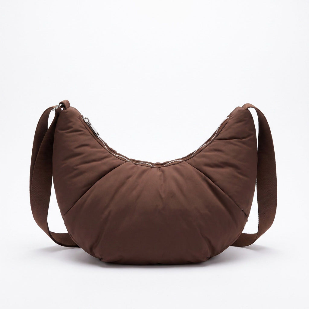 Padded Crescent Shoulder Bag with Wide Strap and Top Zipper Closure 13x7.5x2.5in