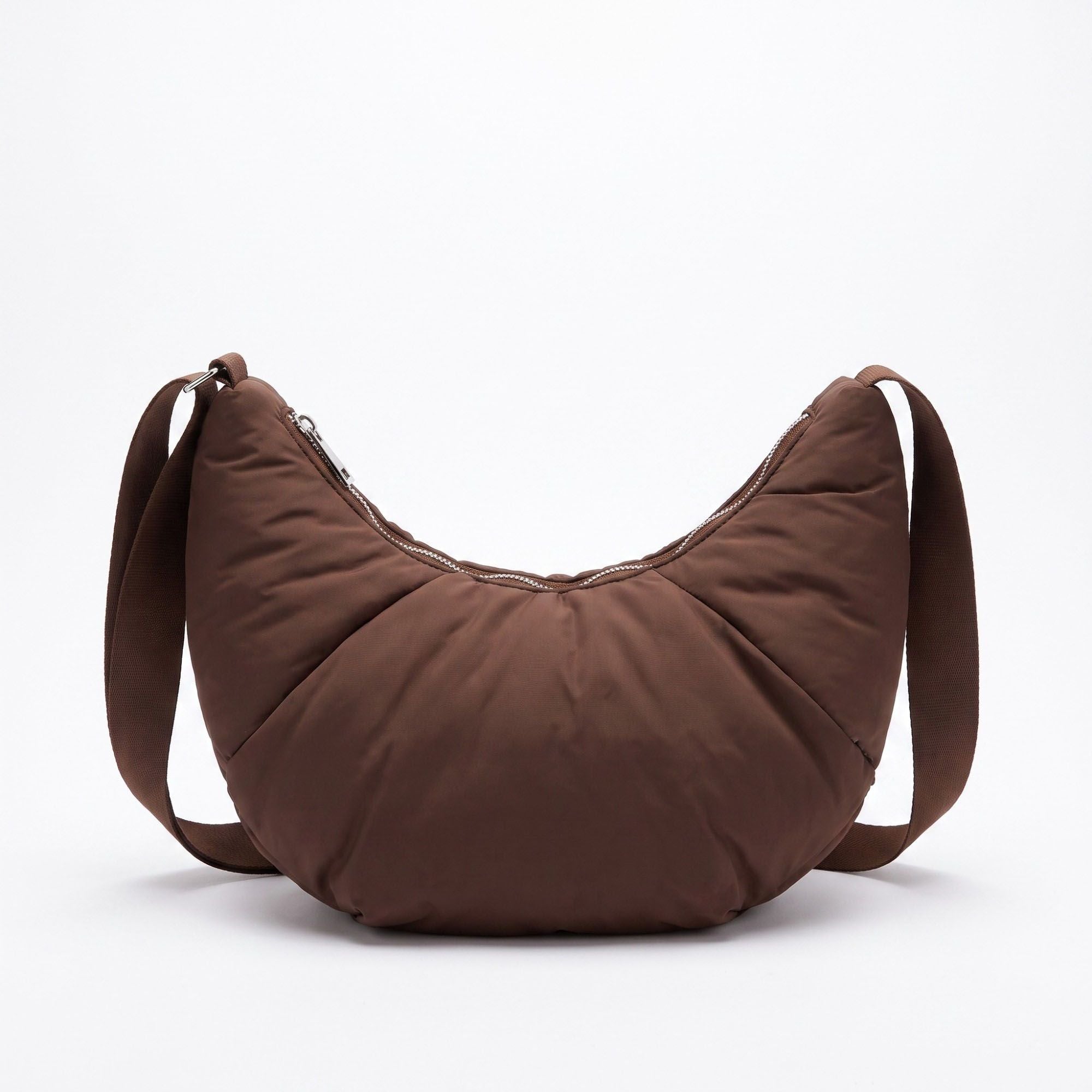 Padded Crescent Shoulder Bag with Wide Strap and Top Zipper Closure 13x7.5x2.5in
