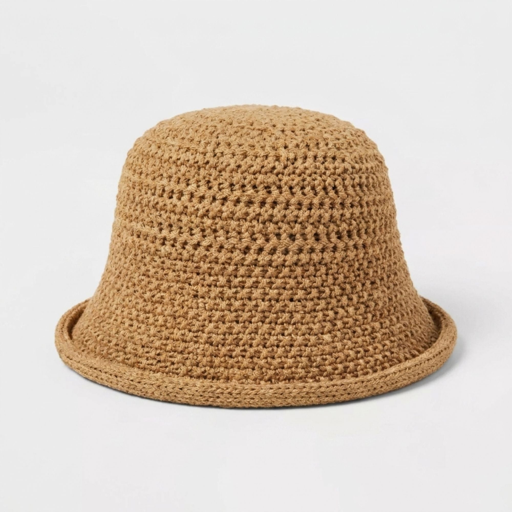 Crochet Bucket Hat with Rolled Brim and Openwork Texture