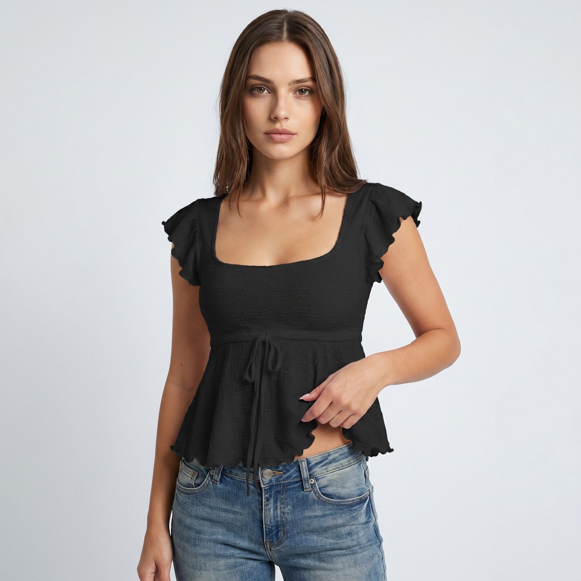 Anna-Kaci Women's Square Neck Peplum Top with Ruffle Sleeves and Front Tie Detail