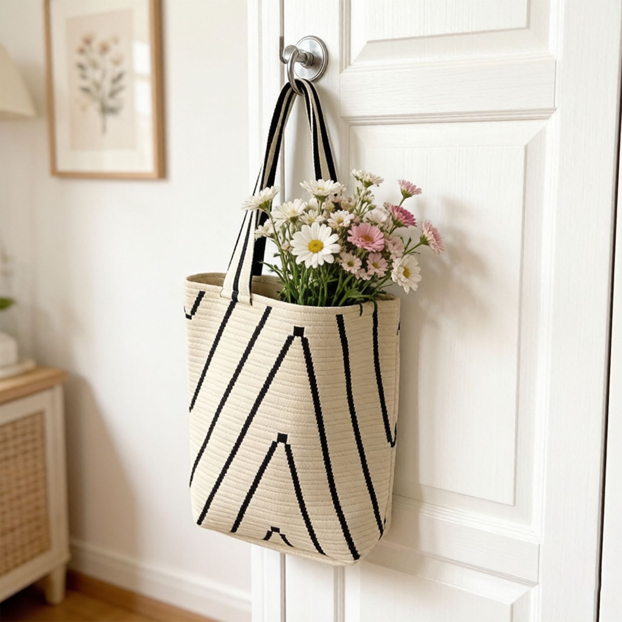 Geometric Stripe Knit Tote Bag with Long Shoulder Straps