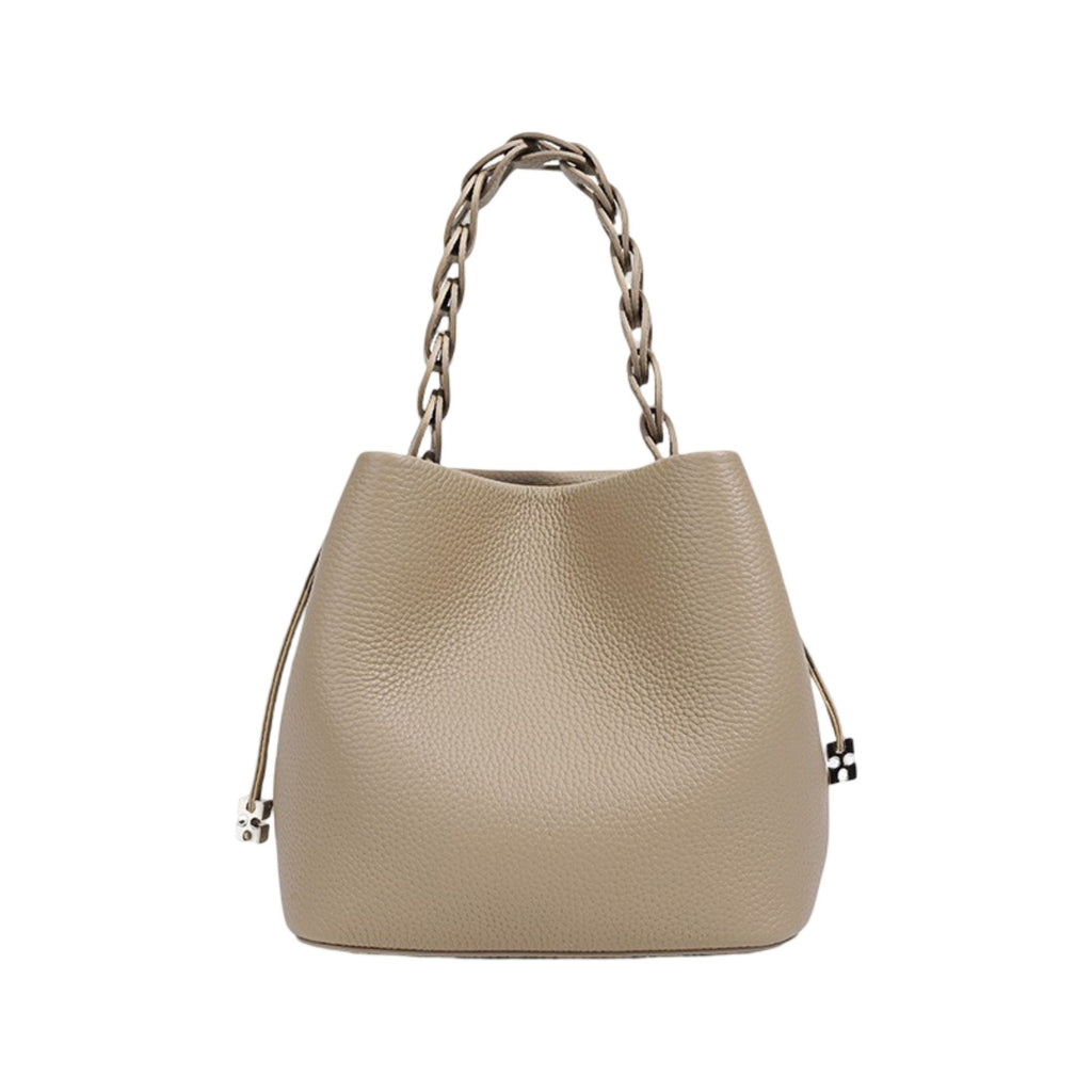 Leather Drawstring Bucket Handbag with Braided Top Handle and Adjustable Crossbody Strap