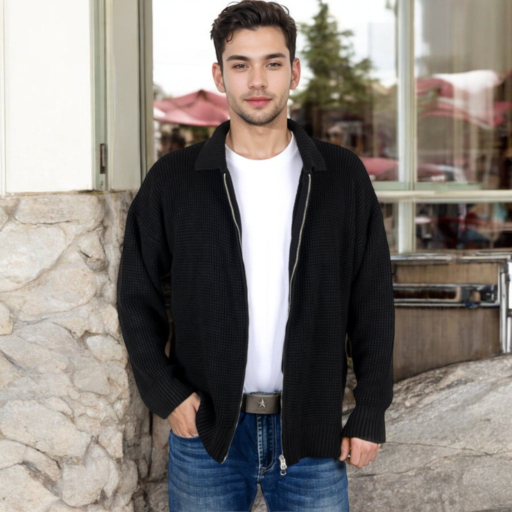 Anna-Kaci Men's Waffle Knit Zip-Up Cardigan with Classic Collar and Relaxed Fit