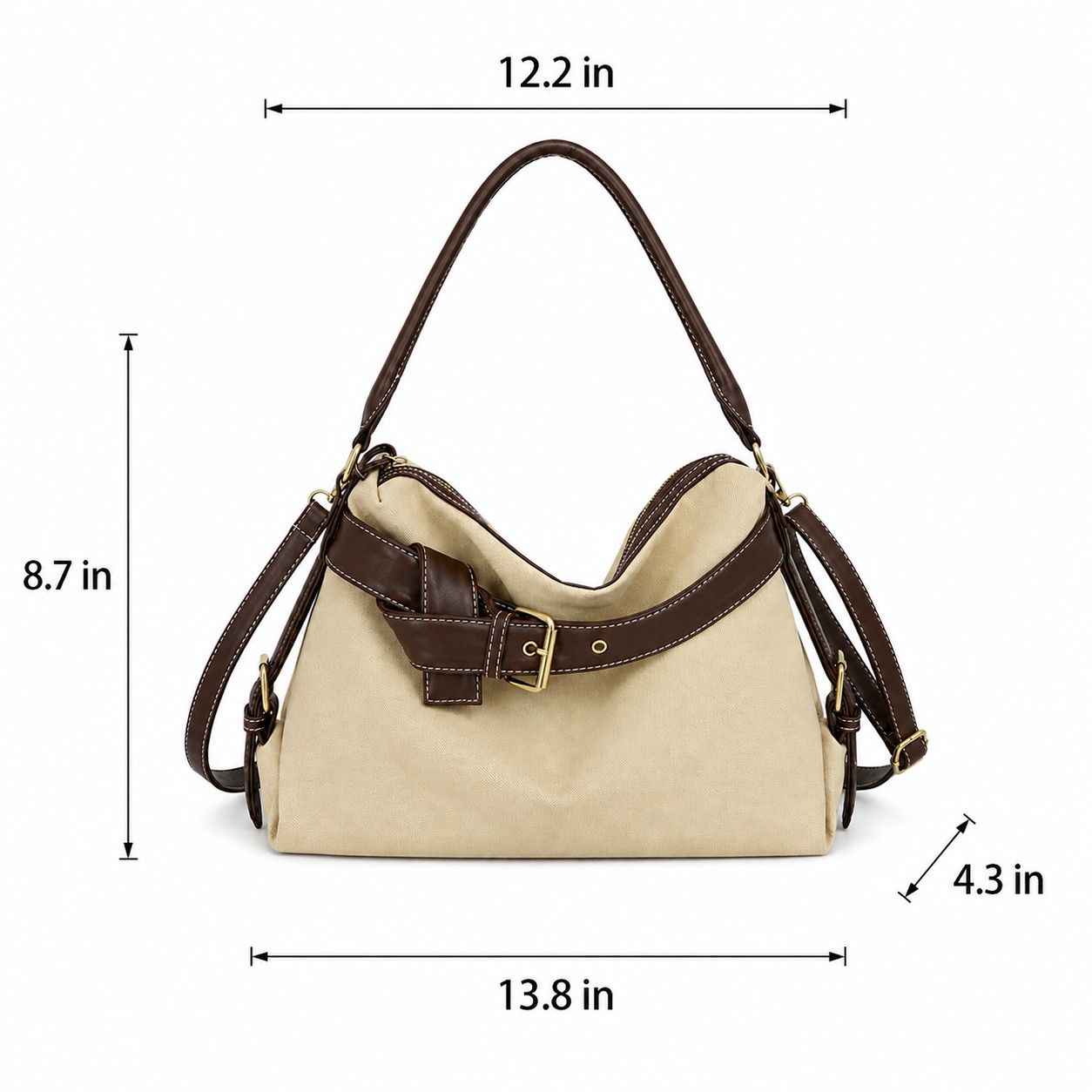 Slouchy Shoulder Hobo Bag with Adjustable Strap Buckle Detail and Inner Zip Pocket