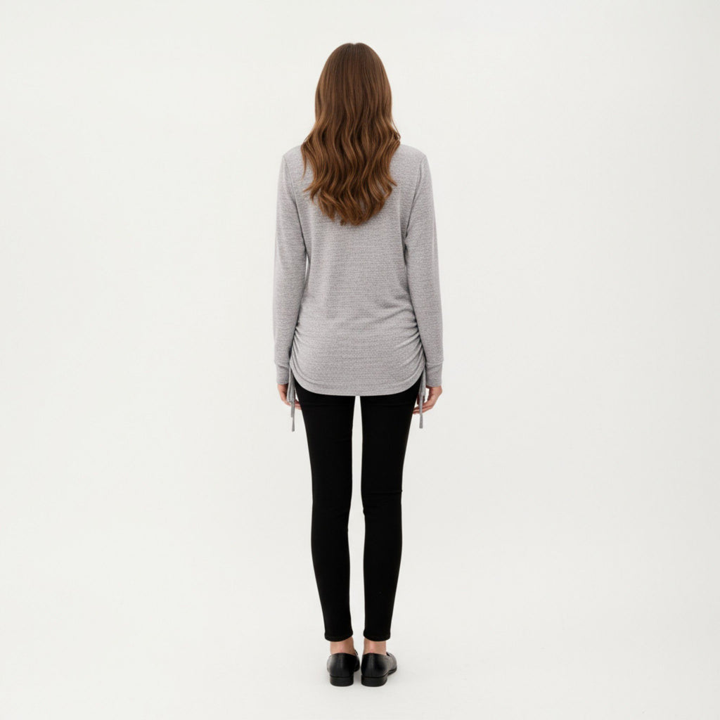 Anna-Kaci Women's Long Sleeve V-Neck Top with Side Drawstring Ruched Hem