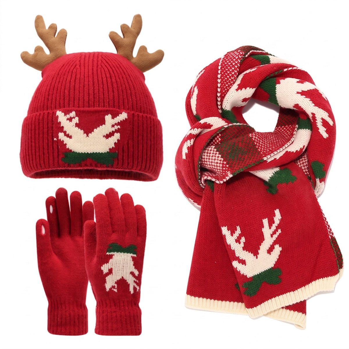 3 Piece Christmas Reindeer Antler Beanie Scarf and Gloves Set