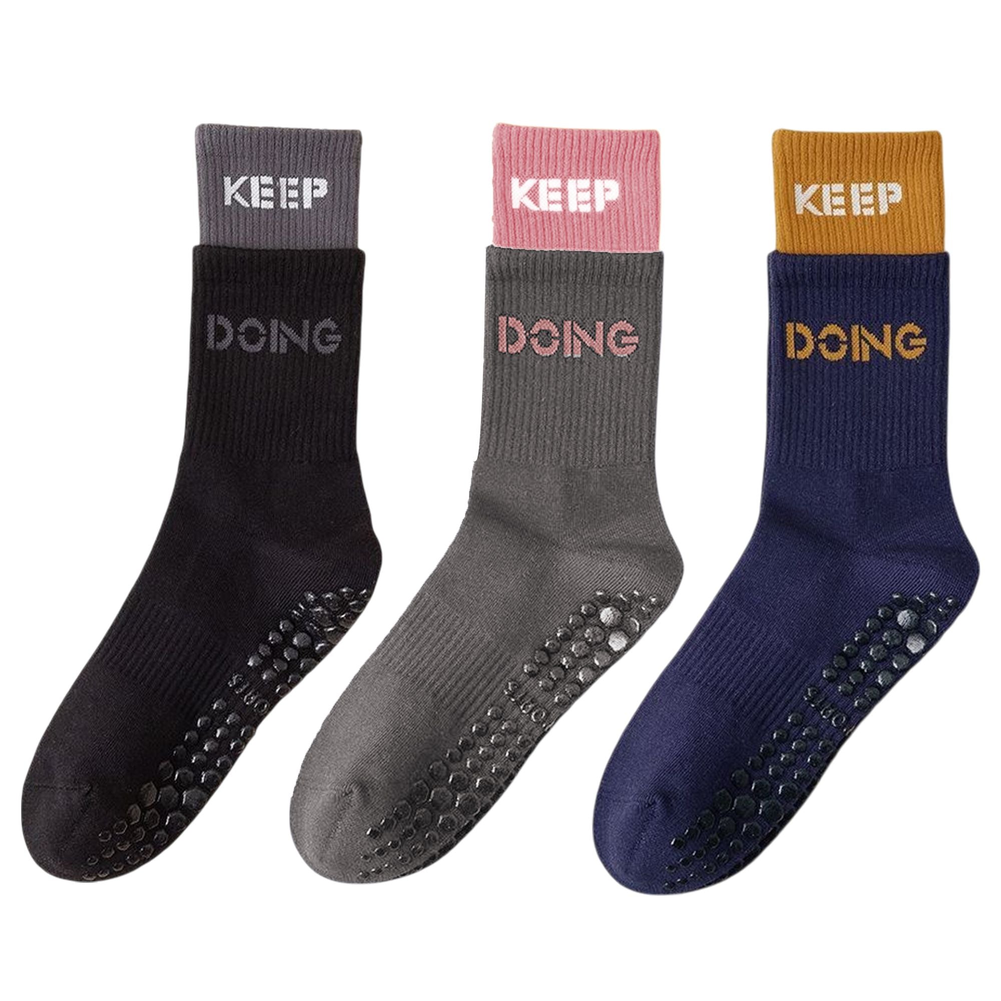 Anna-Kaci Women's 3-Pair Set Mid-Calf Grip Socks with Cushioned Soles and Motivational Text for Yoga Pilates Fitness