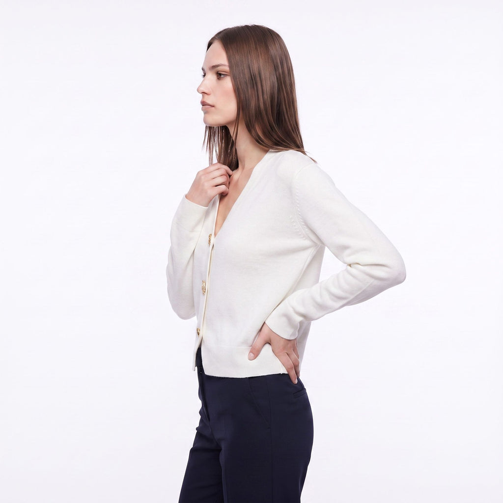 V Neck Decorative Gold Button Knit Cardigan Sweater