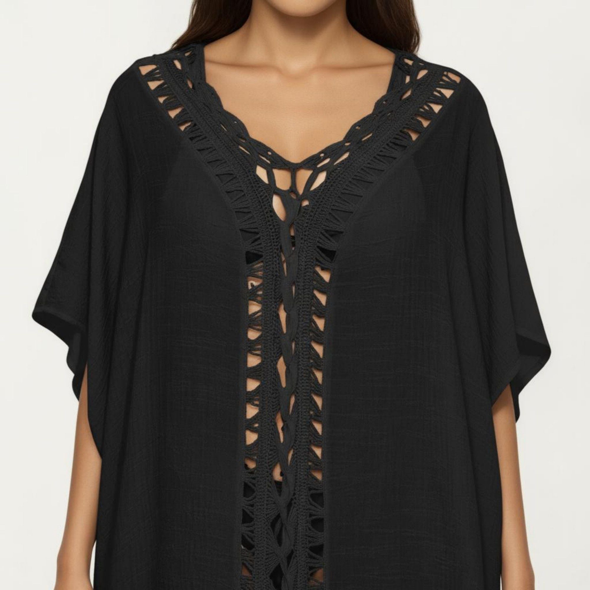 Anna-Kaci Women's Crochet Trim Swim Cover Up Dress Loose Short Sleeve Lightweight Beach Kaftan