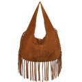 Slouchy Fringe Hobo Shoulder Bag with Tie Closure and Inner Pockets