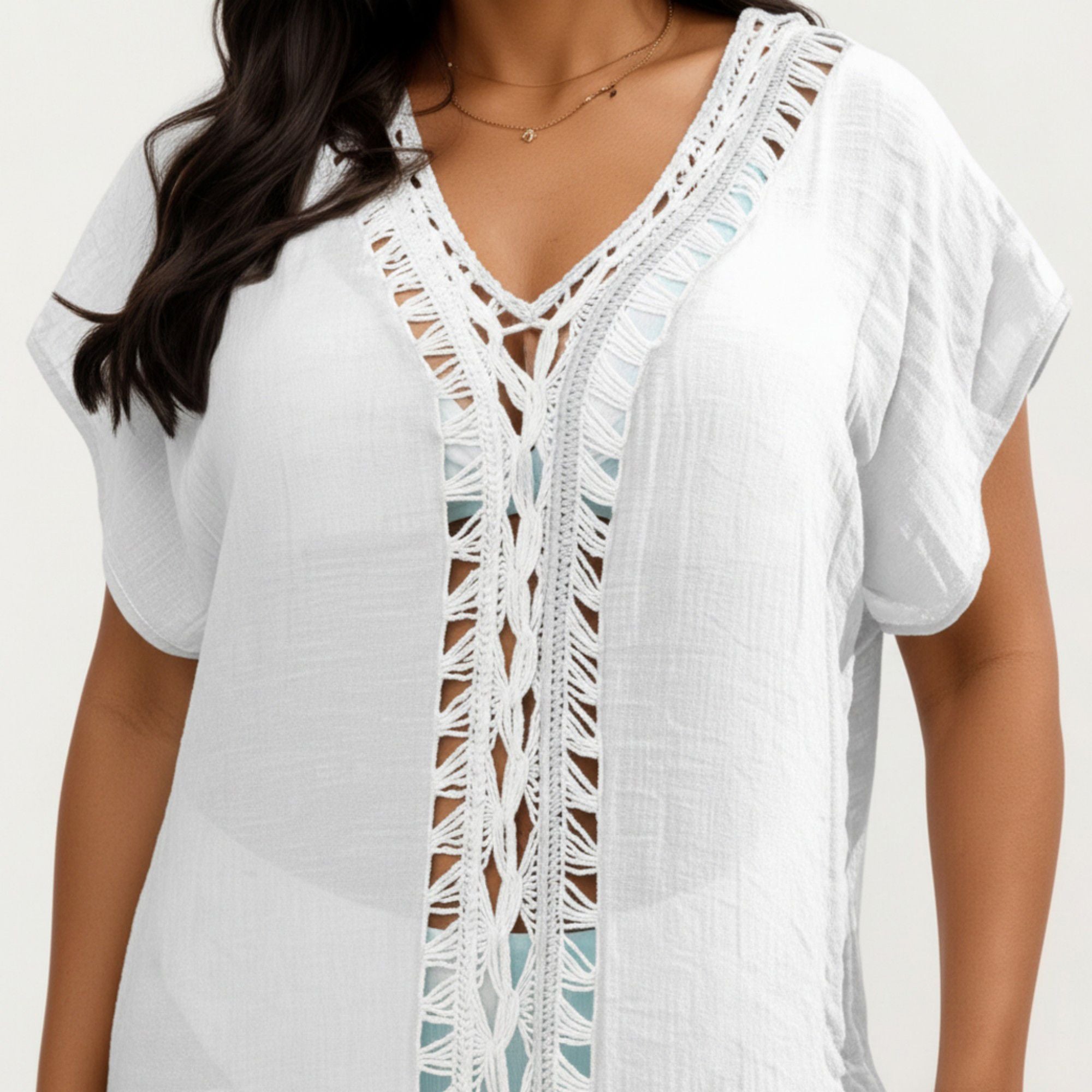 Anna-Kaci Women's Maxi Swim Cover Up Dress with Crochet Trim V Neck Short Sleeves Relaxed Lightweight Fit