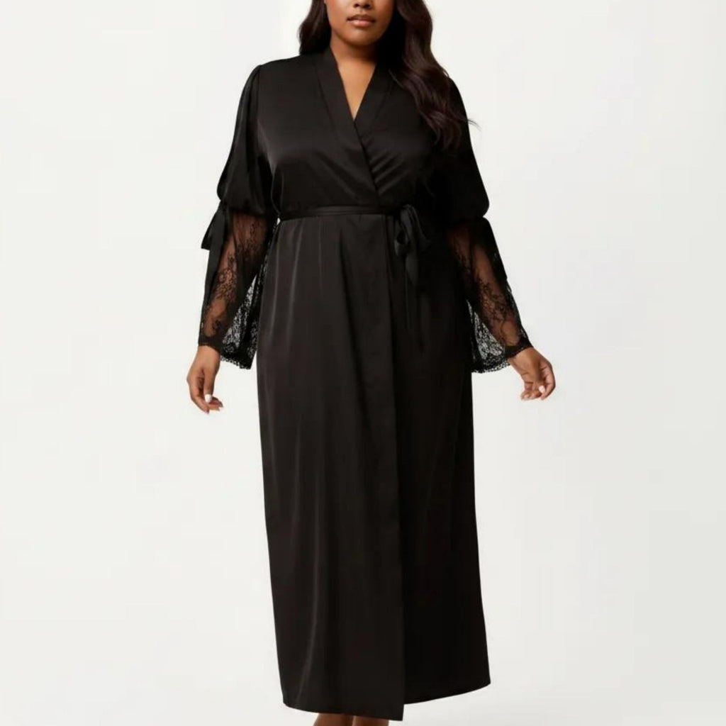 Anna-Kaci Lounge Women's Plus Size Long Satin Robe Lace Sleeve Wrap Nightgown Belted Kimono Sleepwear