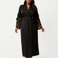 Anna-Kaci Lounge Women's Plus Size Long Satin Robe Lace Sleeve Wrap Nightgown Belted Kimono Sleepwear