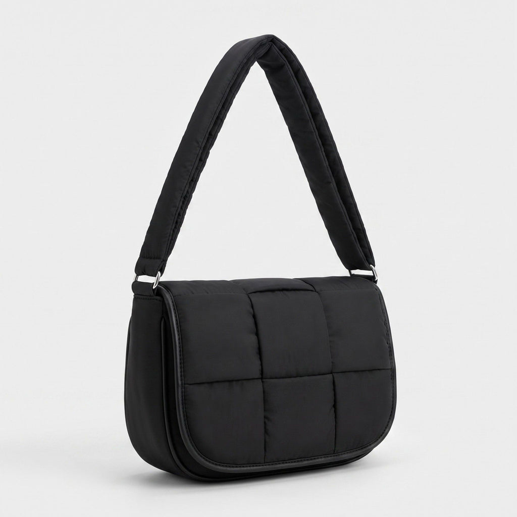 Soft Puffy Quilted Crescent Bag with Smooth Padded Panels and Adjustable Shoulder Straps 10.4x3.9x7.9in
