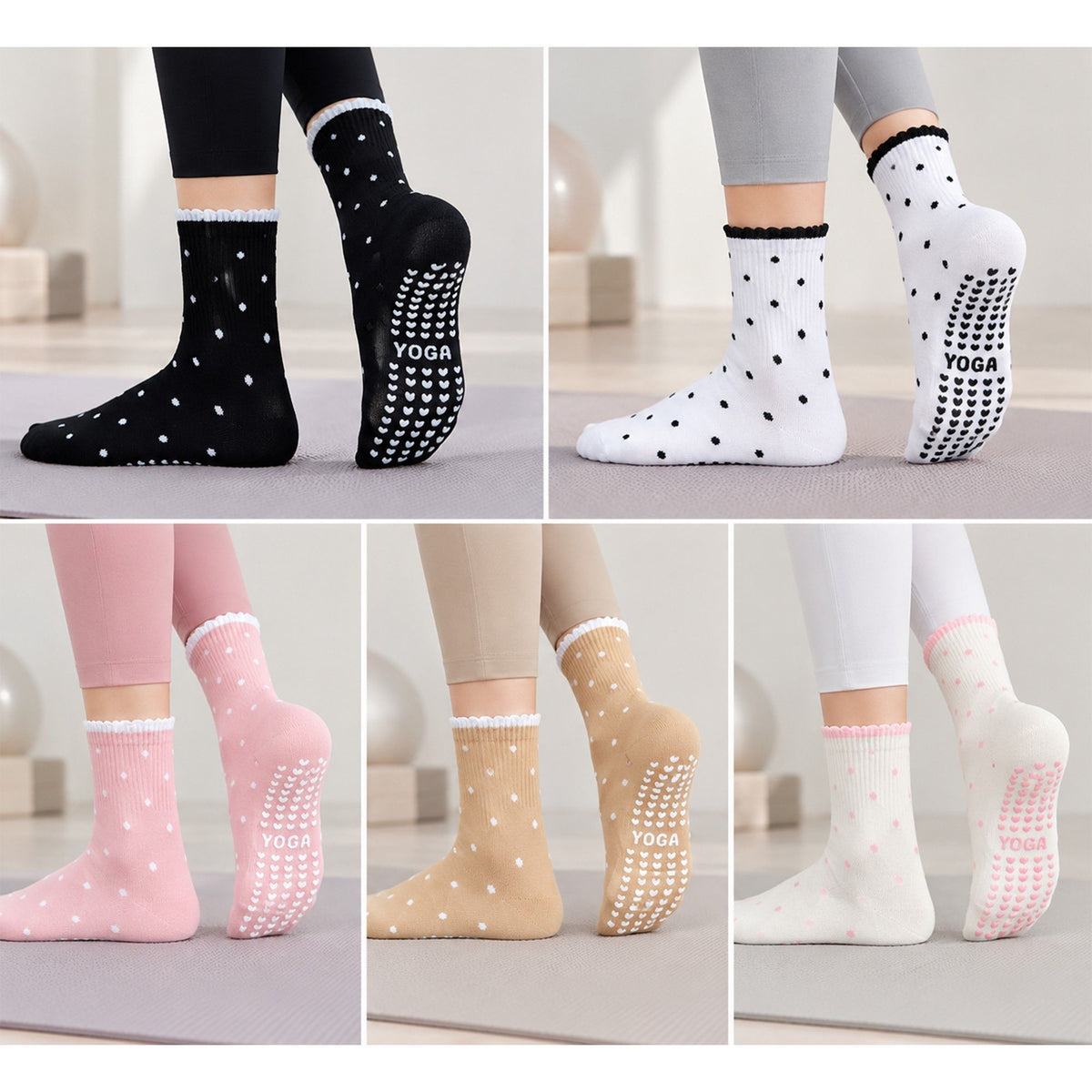 Non Slip Grip Crew Socks 3 Pair Pack Polka Dot Ruffle Cuff
