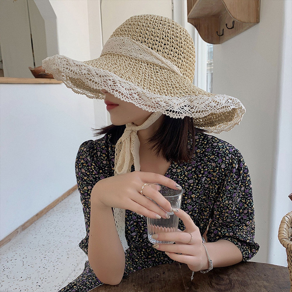 Anna-Kaci Women's Crochet Straw Sun Hat with Lace Trim & Bow