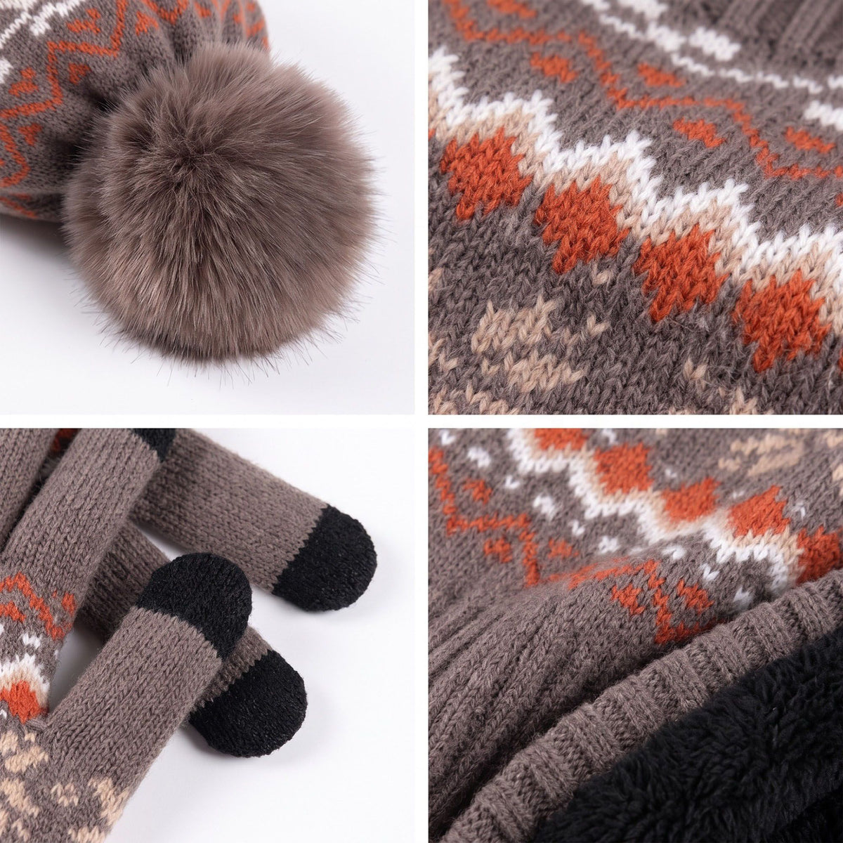 3 Piece Fair Isle Pom Beanie Neck Warmer and Gloves Set