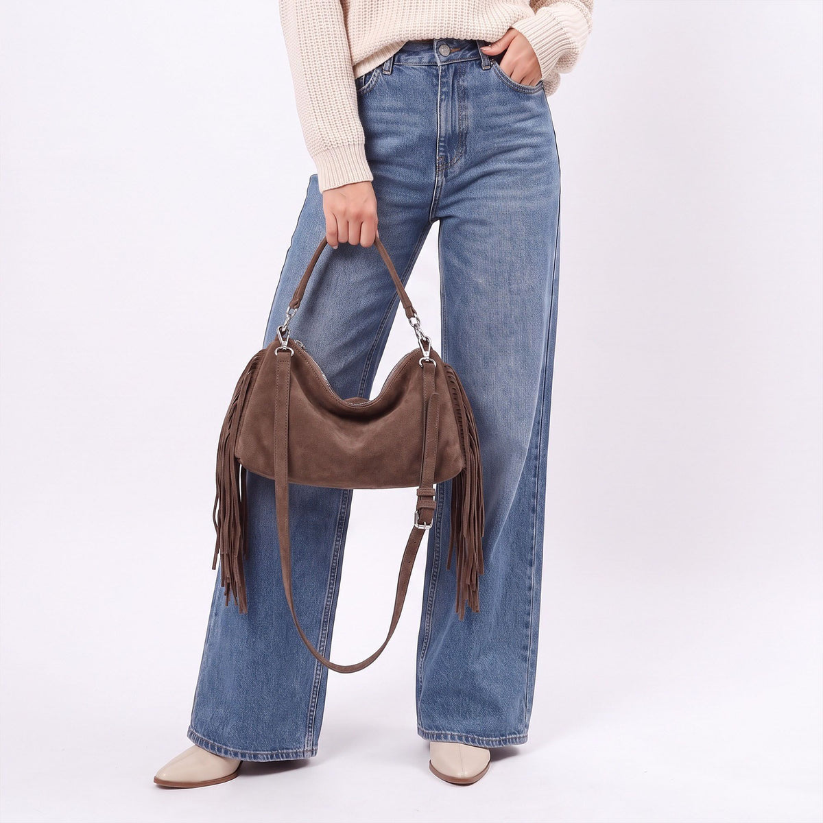 Slouchy Shoulder Handbag with Fringe Tassel and Zipper Closure