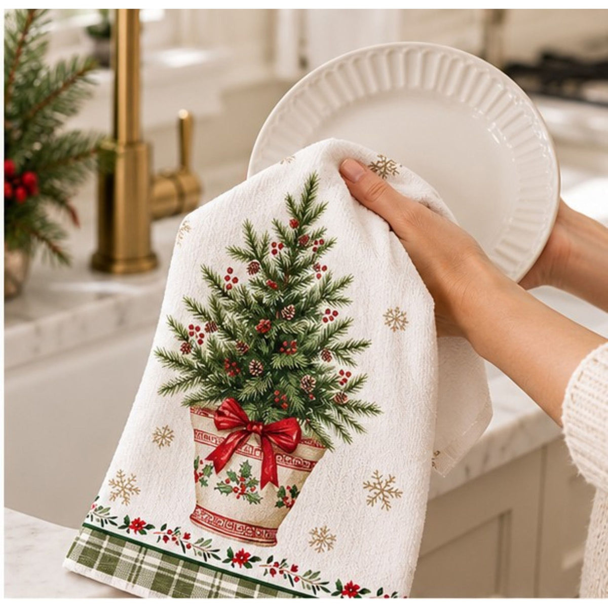 2-Pack Christmas Kitchen Towels 15.7x23.6in, Green Tree & Ornament Microfiber Towels