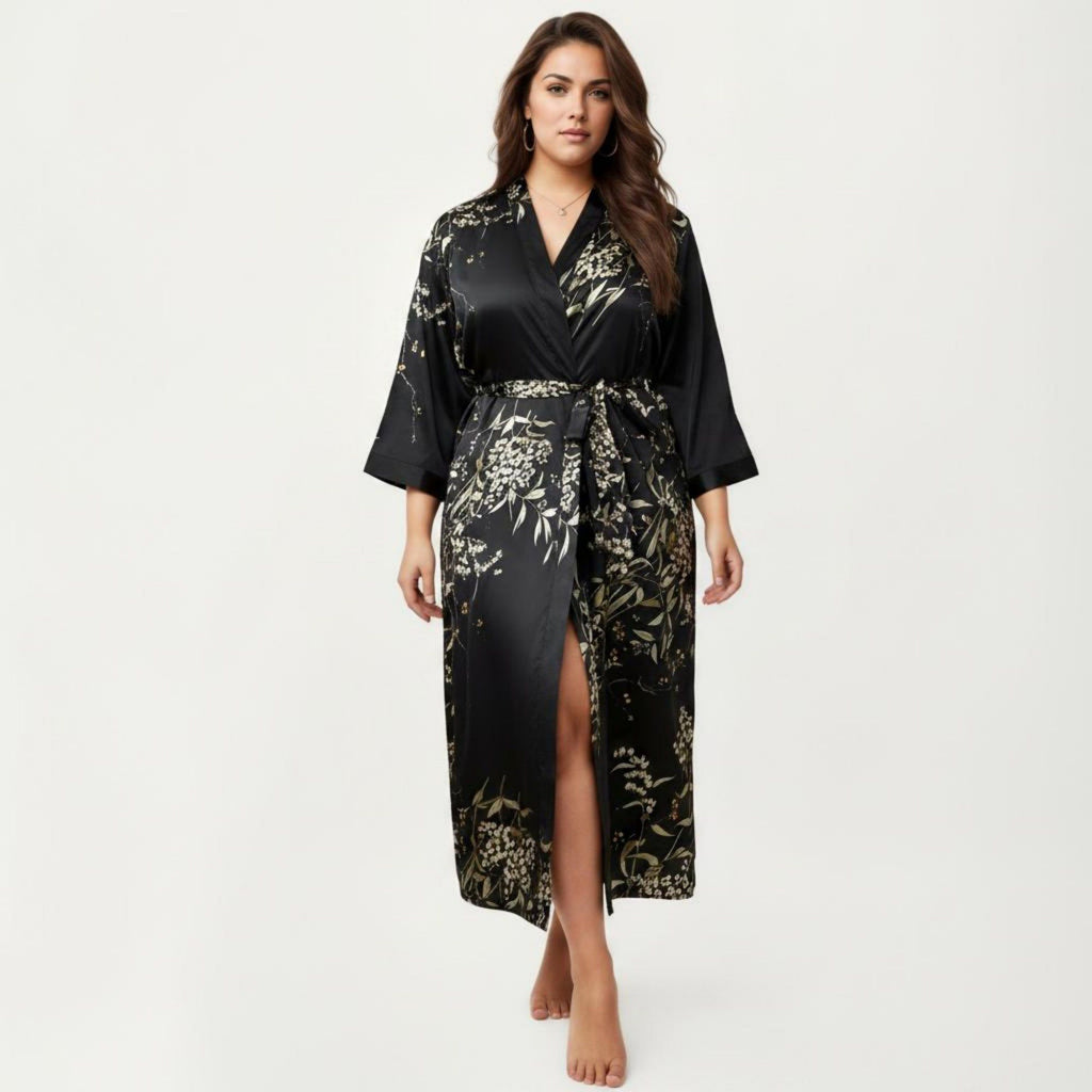 Anna-Kaci Lounge Women's Plus Size Satin Floral Kimono Robe with Self Tie Belt Longline Open Front Lightweight Sleepwear