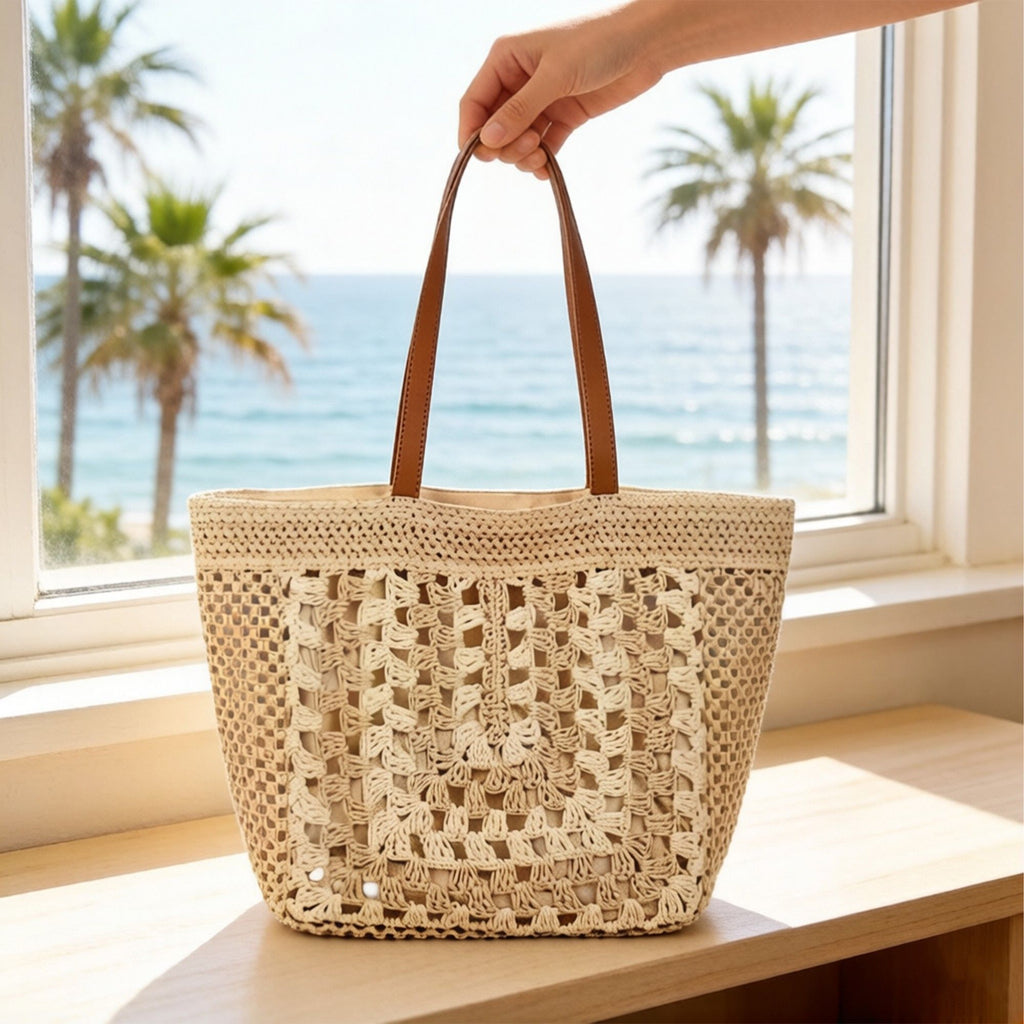Woven Crochet Tote Bag with Openwork Panel Design Leather Shoulder Strap Lightweight Knit Handbag