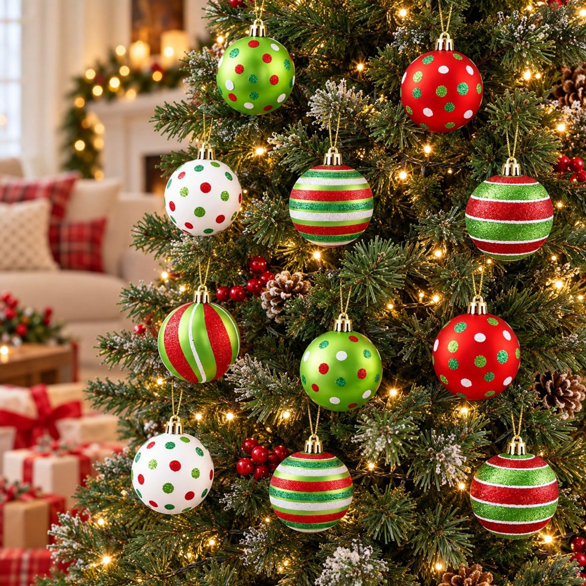 12ct Striped and Polka Dot Christmas Ball Ornament Set Red Green and White