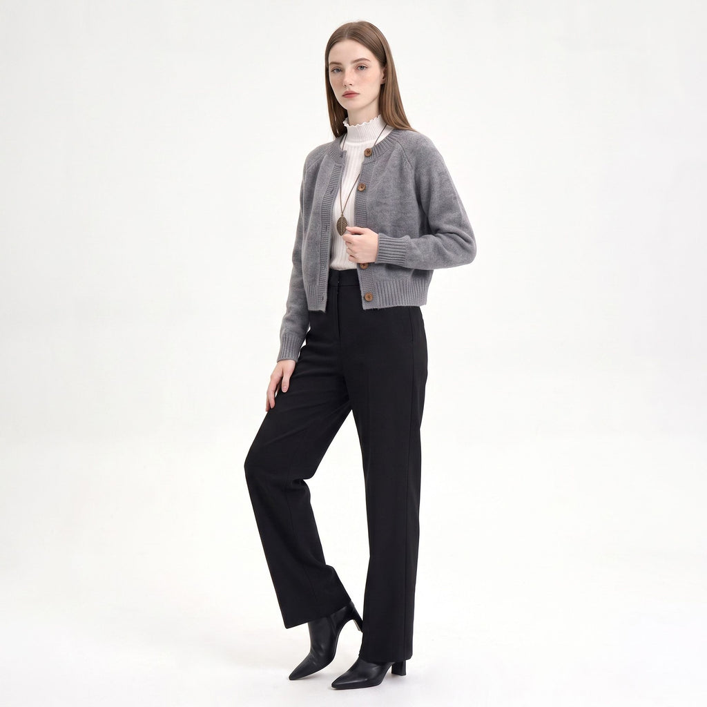 Cropped Crewneck Button-Front Cardigan Sweater