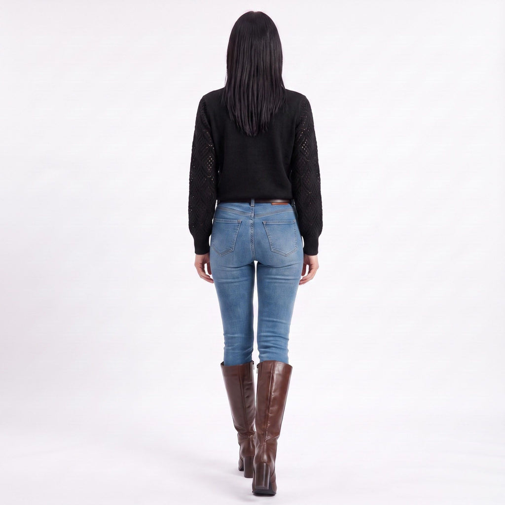 V-Neck Openwork Sleeve Long Sleeve Knit Sweater