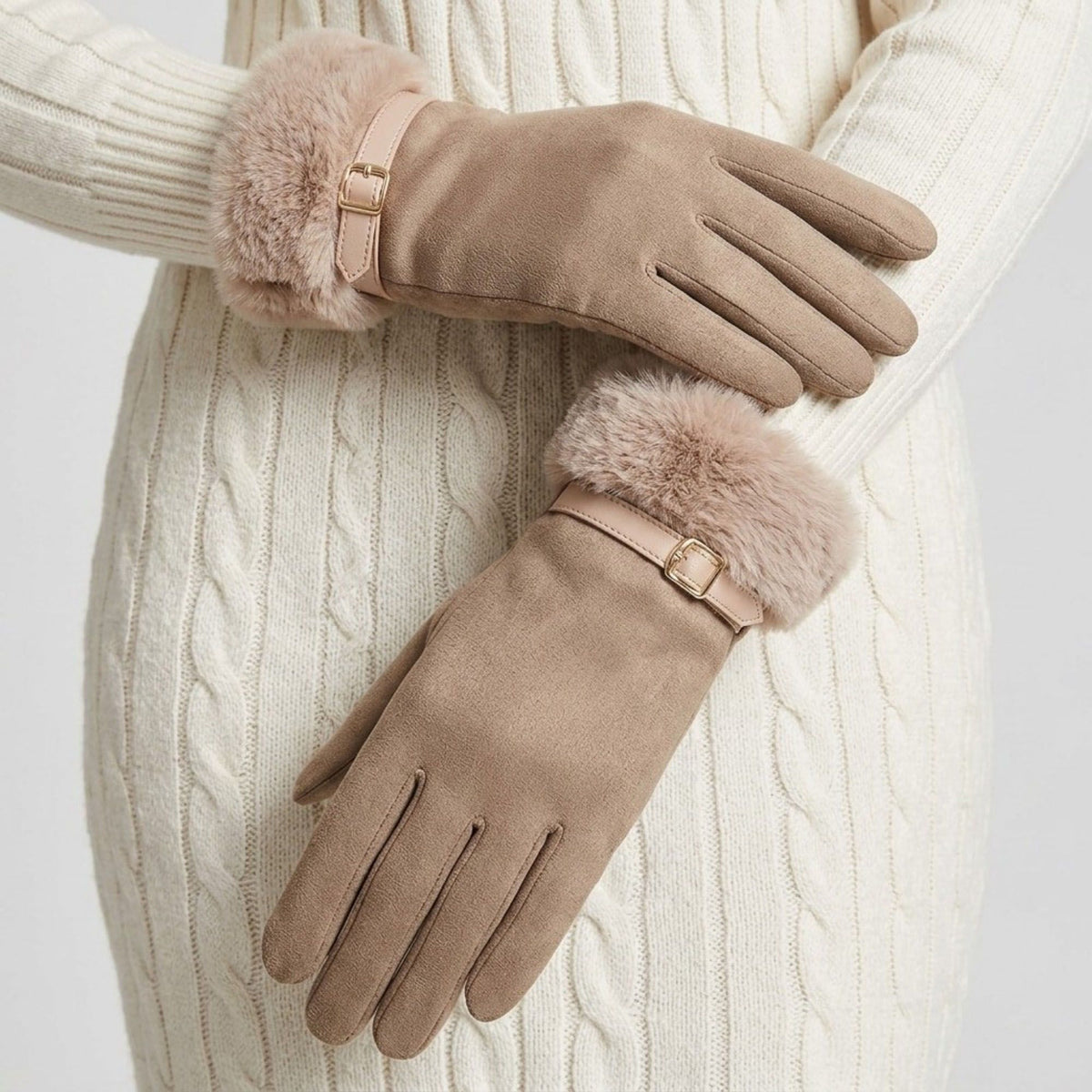 Faux Suede Gloves with Faux Fur Cuff and Buckle Detail 9.9 x 3.9in