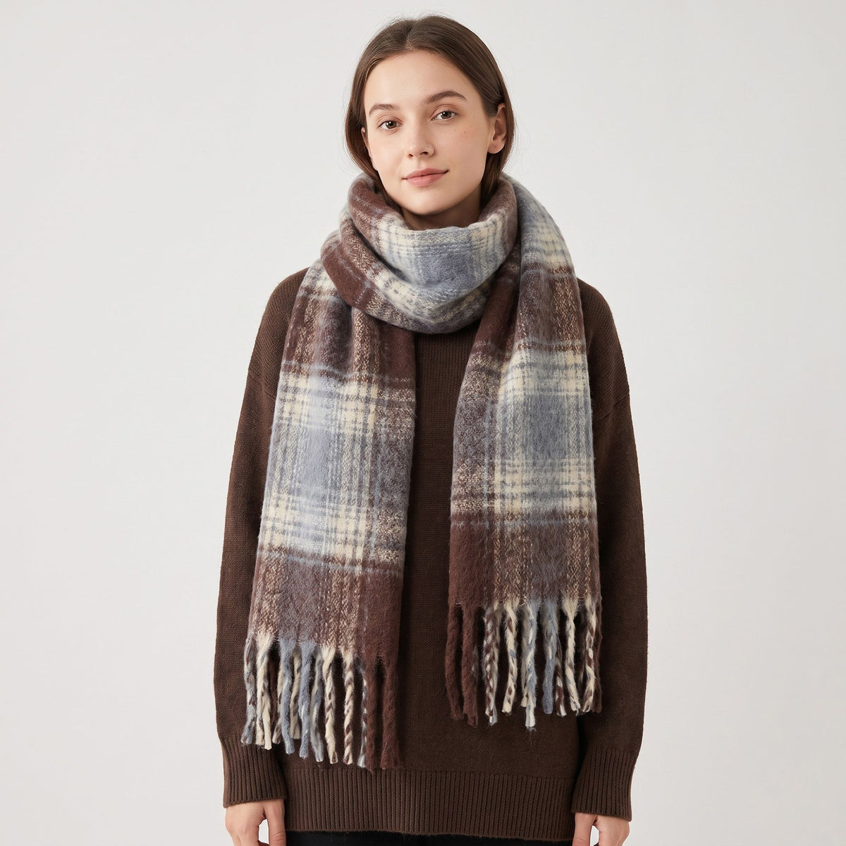Oversized Plaid Scarf with Fringe Soft Brushed Winter Wrap