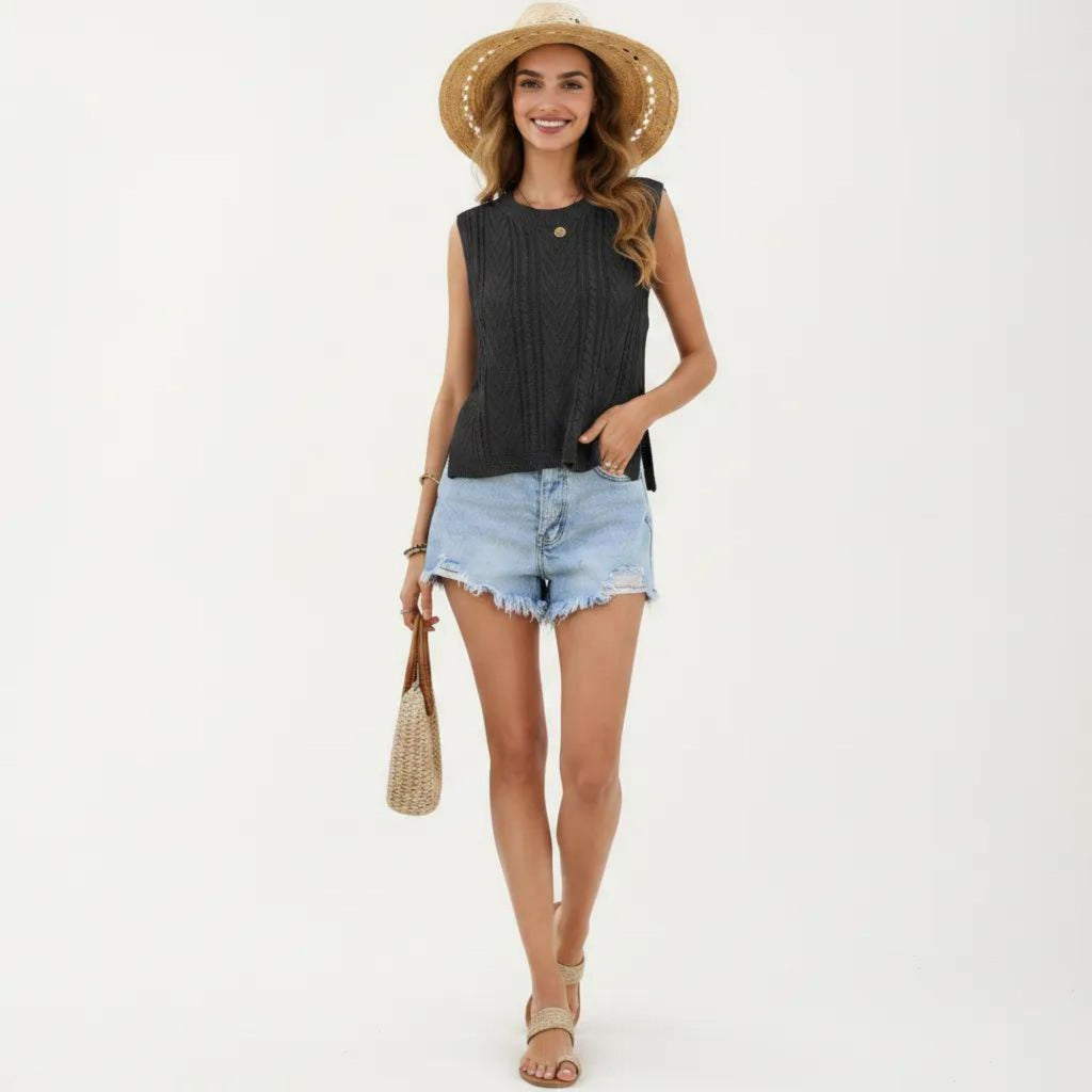 Anna-Kaci Women's Sleeveless Cable Knit Top with Crew Neck and Ribbed Hem