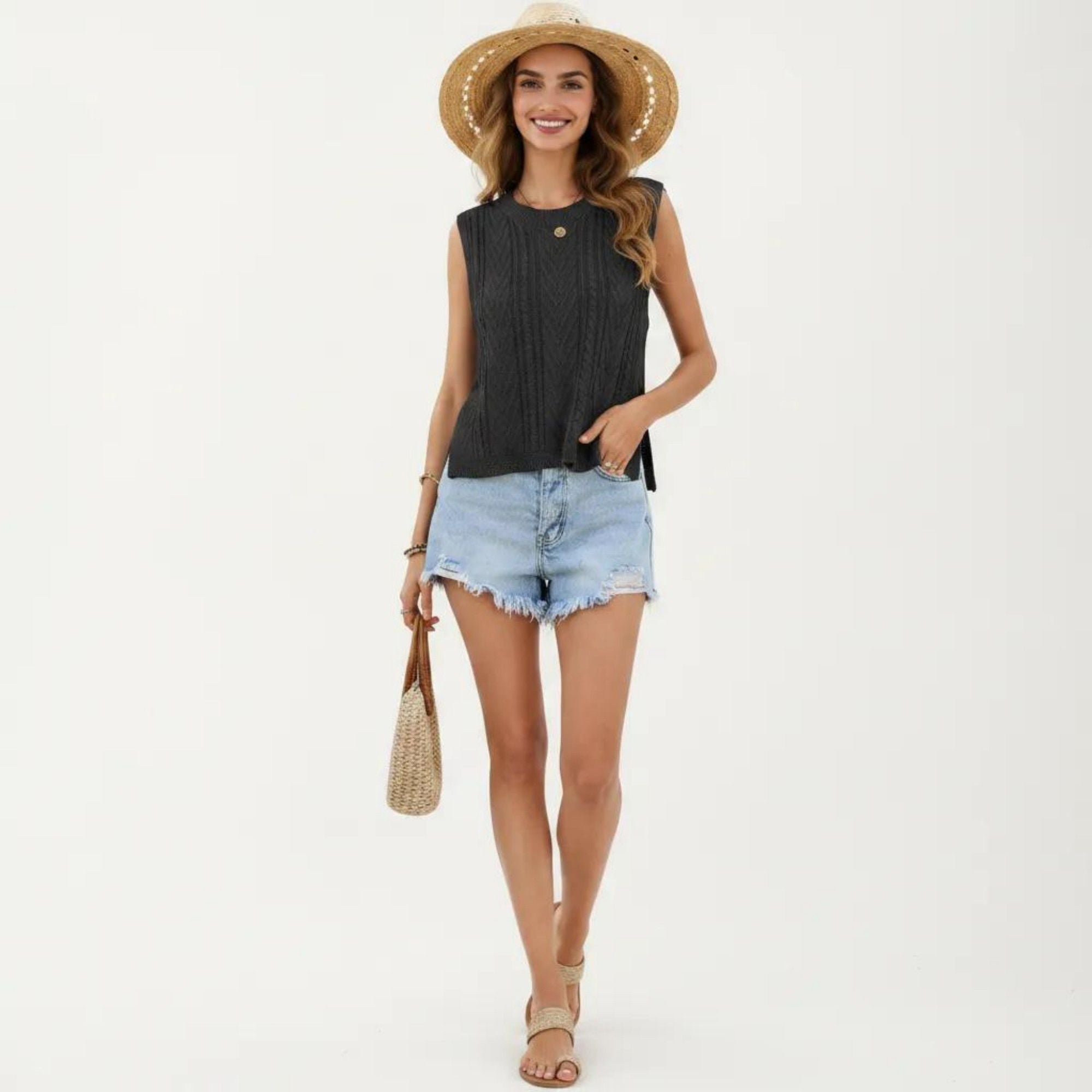 Anna-Kaci Women's Sleeveless Cable Knit Top with Crew Neck and Ribbed Hem