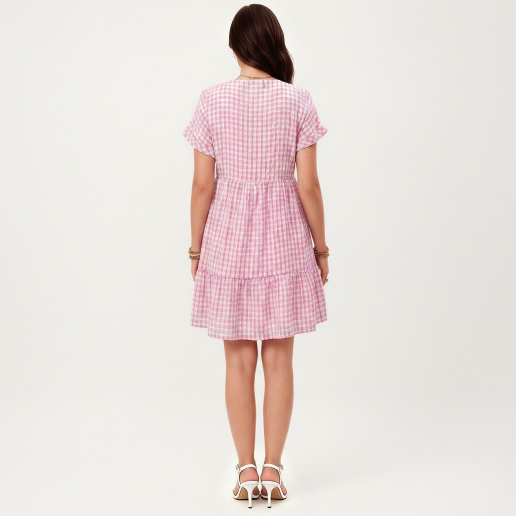 Anna-Kaci Women's Short Sleeve V Neck Plaid Mini Dress with Tiered Hem Loose Fit Casual Lightweight Summer Dress