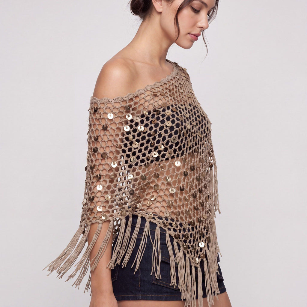 Open Knit Sequin Fringe Asymmetrical Poncho Shawl Cover Up with Draped One Shoulder Styling