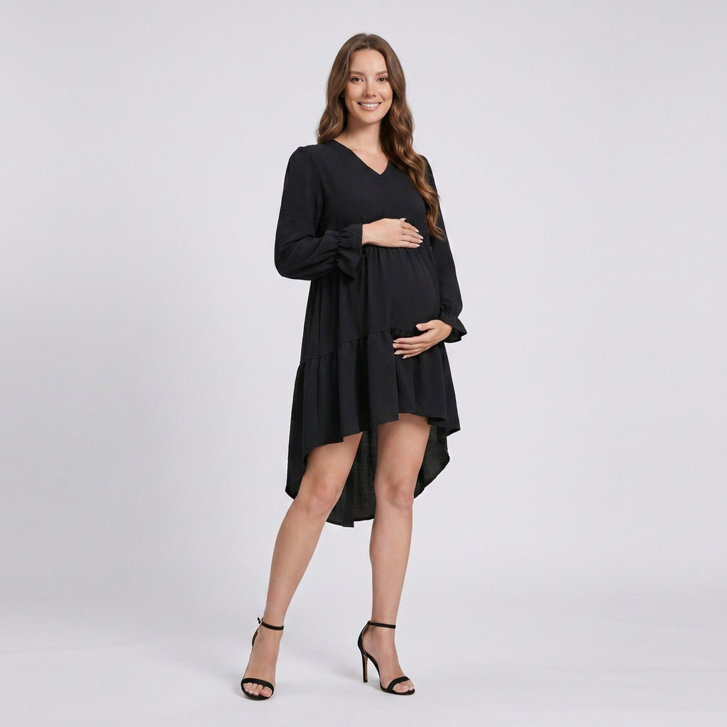 Anna-Kaci Women's Maternity V Neck High Low Mini Dress with Long Sleeves and Tiered Hem