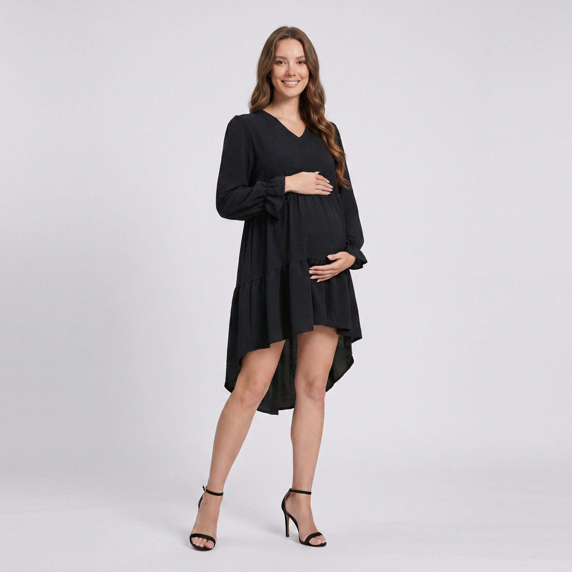 Anna-Kaci Women's Maternity V Neck High Low Mini Dress with Long Sleeves and Tiered Hem