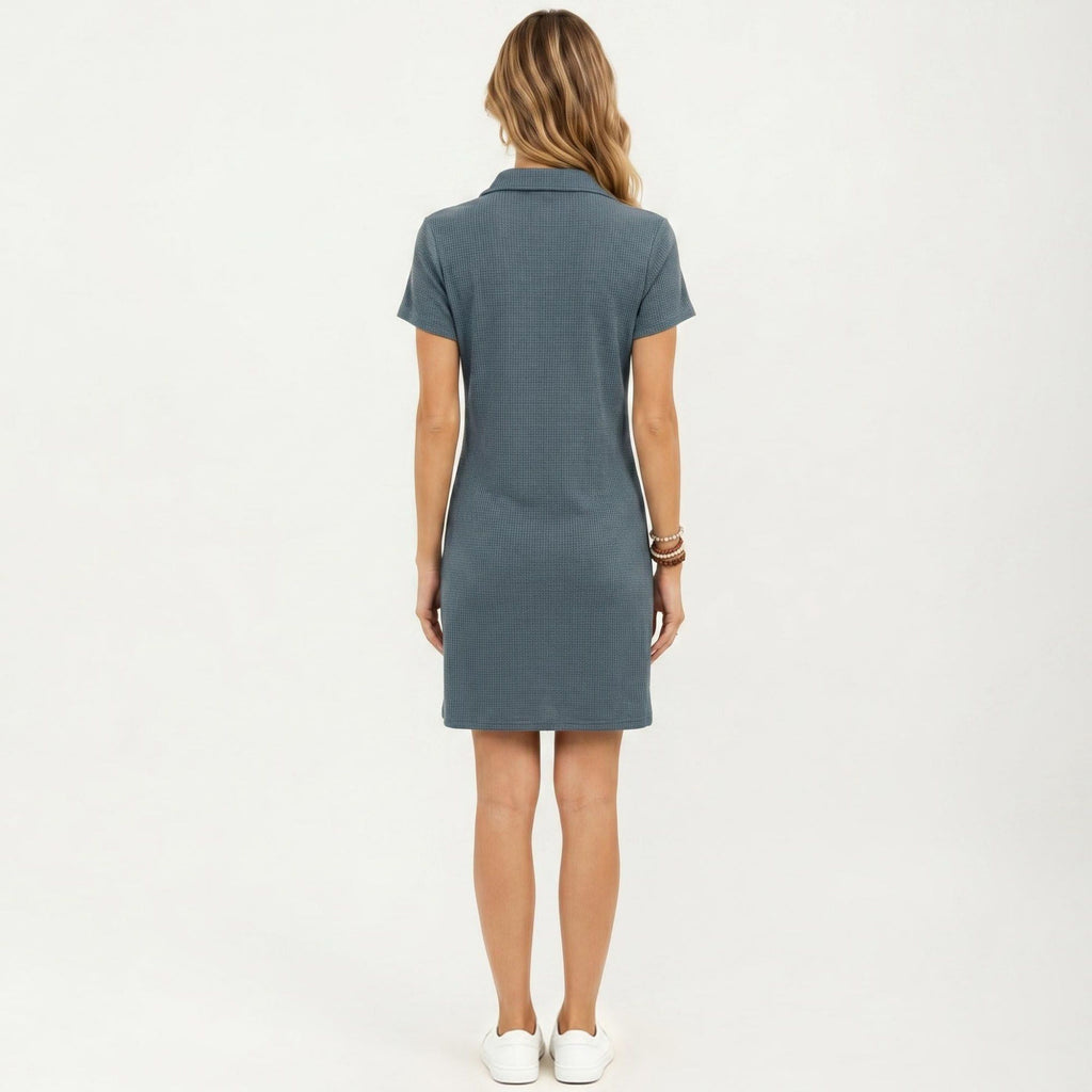 Anna-Kaci Women's Short Sleeve Collared Mini Dress with Split V Neck Textured Knit Relaxed Fit Casual Dress