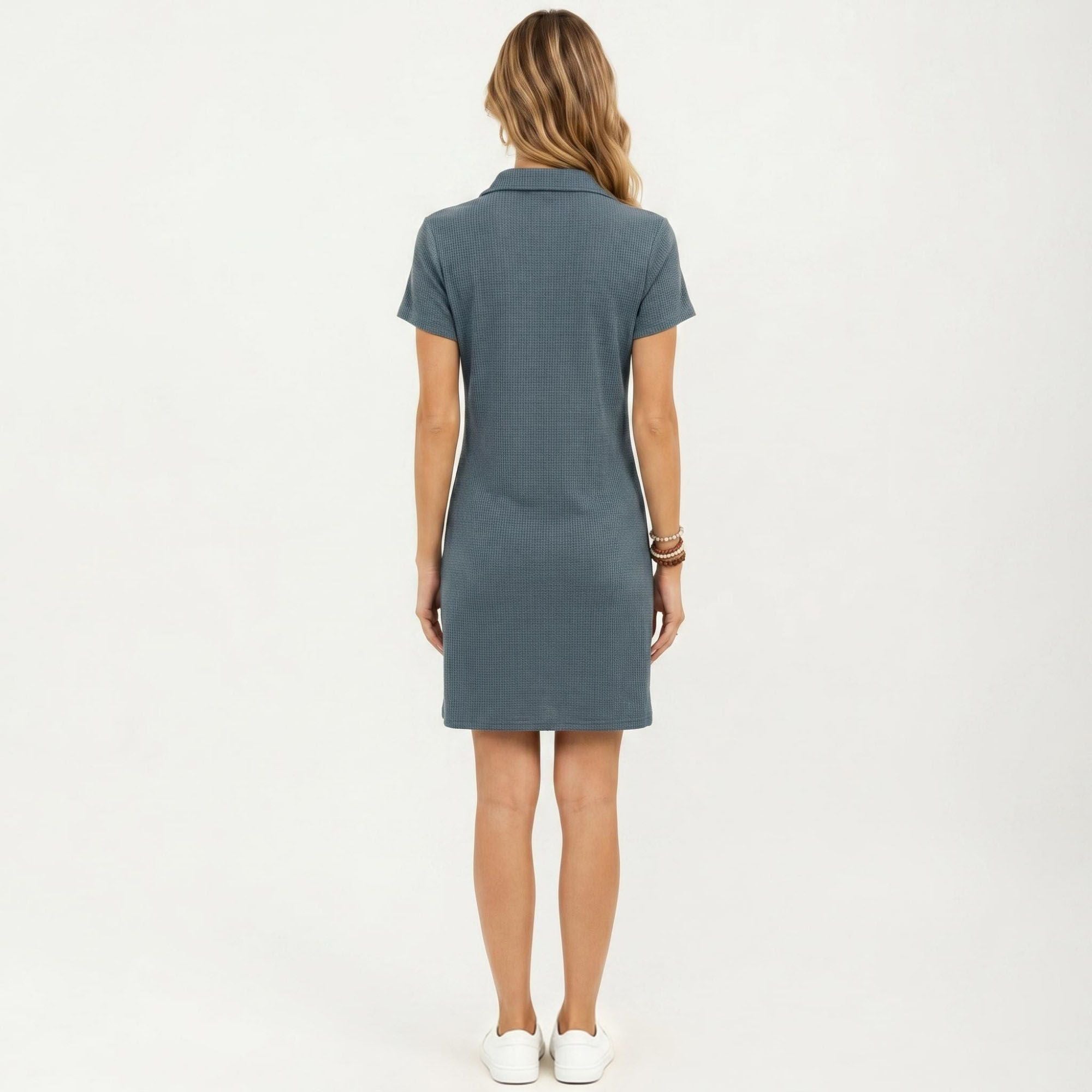 Anna-Kaci Women's Short Sleeve Collared Mini Dress with Split V Neck Textured Knit Relaxed Fit Casual Dress