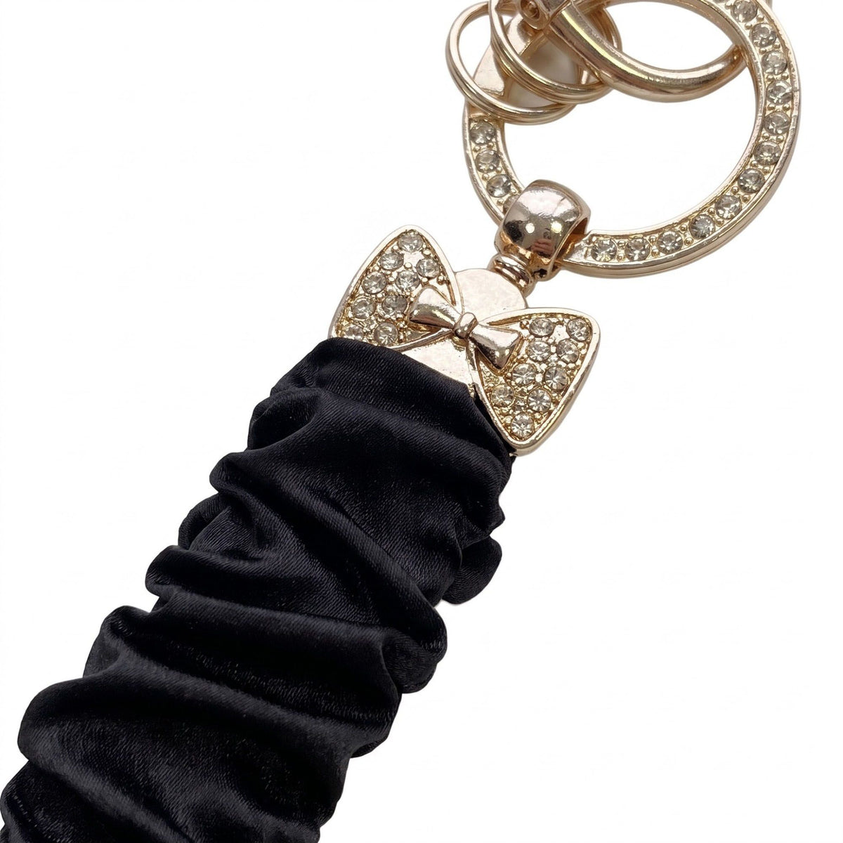 Ruched Fabric Wristlet Keychain with Rhinestone Bow Charm